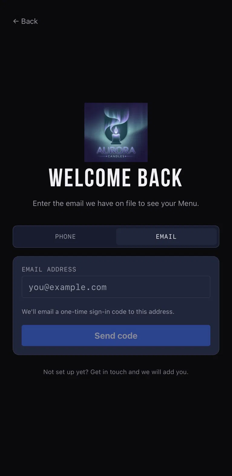 Email sign-in tab showing the Phone/Email toggle and an email-address field, with no SMS consent checkbox.
